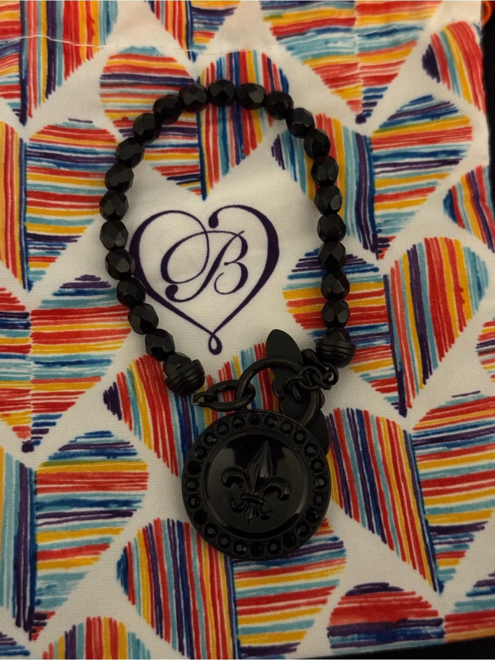 Brighton Black Beaded Stretch Bracelet with Fleur-de-Lis Charm